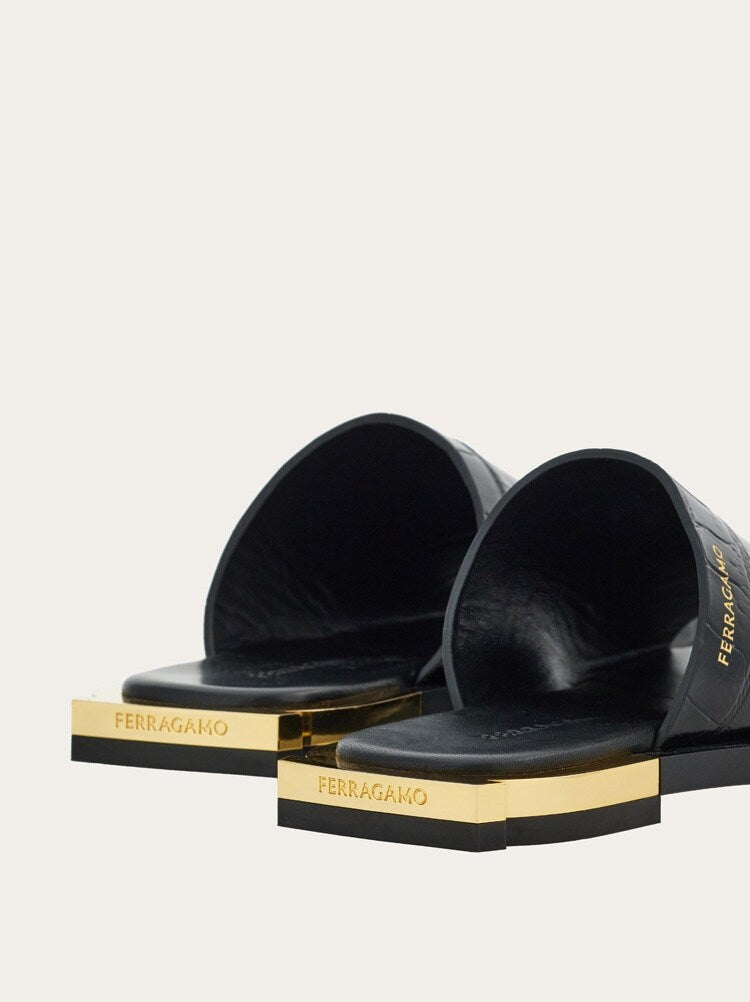 FERRAGAMO WOMEN'S BLACK CALF LEATHER SLIDE SHOES