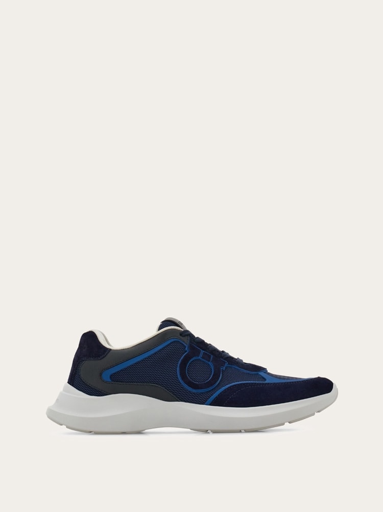 FERRAGAMO MEN'S NAVY MESH LEATHER SNEAKERS