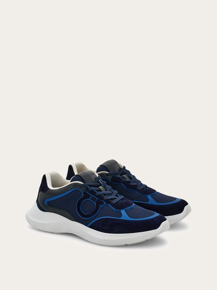 FERRAGAMO MEN'S NAVY MESH LEATHER SNEAKERS