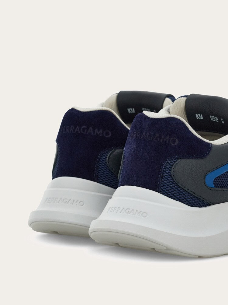 FERRAGAMO MEN'S NAVY MESH LEATHER SNEAKERS