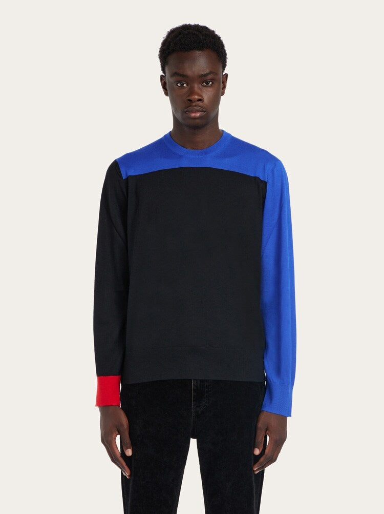 FERRAGAMO MEN'S BLACK BLUE WOOL SWEATER