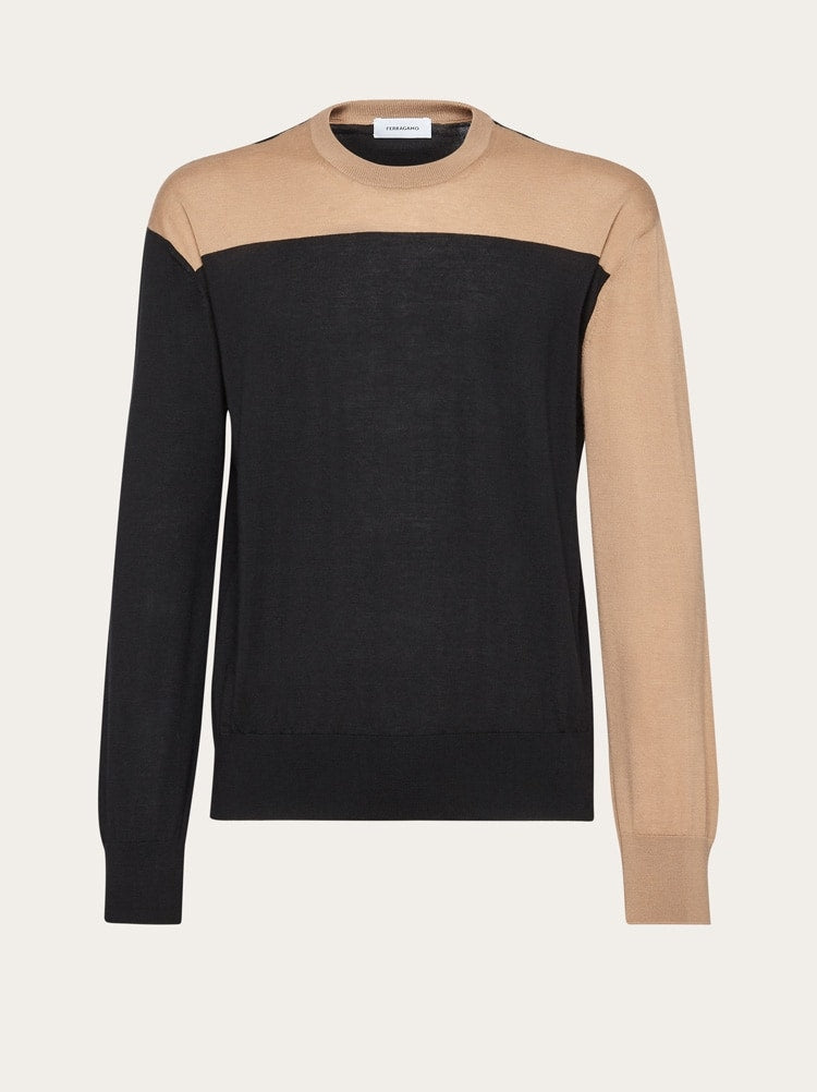 FERRAGAMO MEN'S BLACK BEIGE WOOL SWEATER
