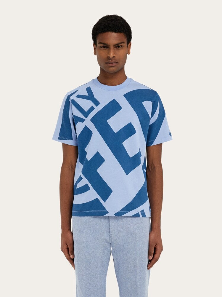 FERRAGAMO MEN'S BLUE COTTON GRAPHIC SWEATER
