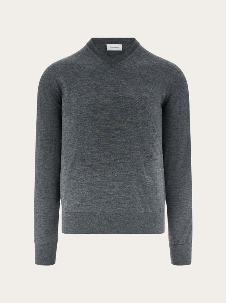 FERRAGAMO MEN'S CHARCOAL WOOL V NECK SWEATER