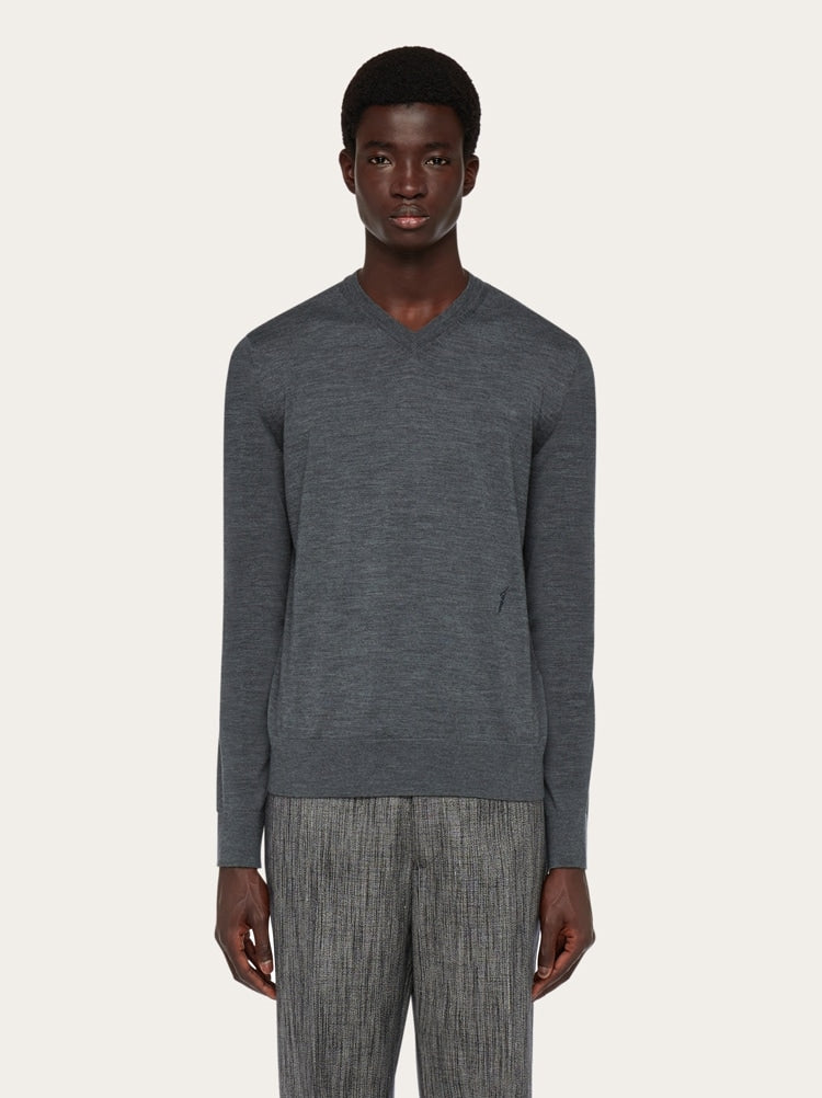 FERRAGAMO MEN'S CHARCOAL WOOL V NECK SWEATER