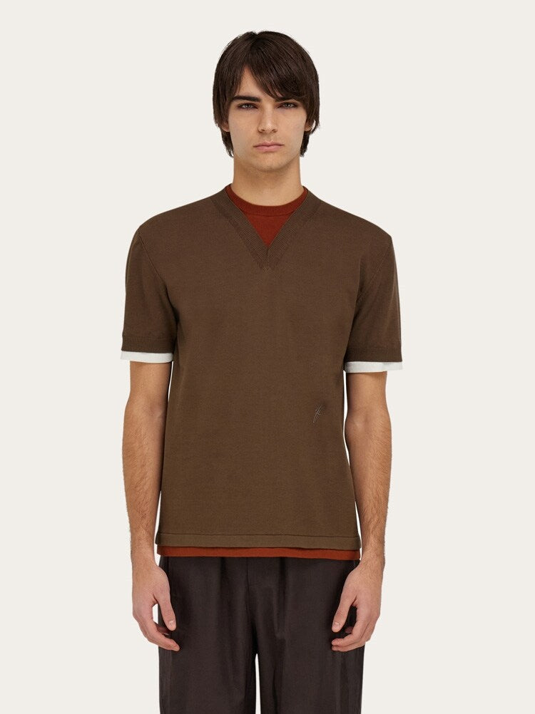FERRAGAMO MEN'S BROWN SHORT SLEEVE SWEATER