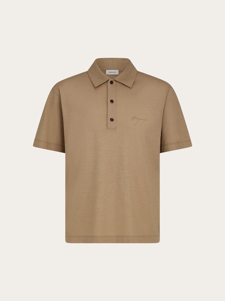 FERRAGAMO MEN'S LIGHT BROWN COTTON POLO SWEATER