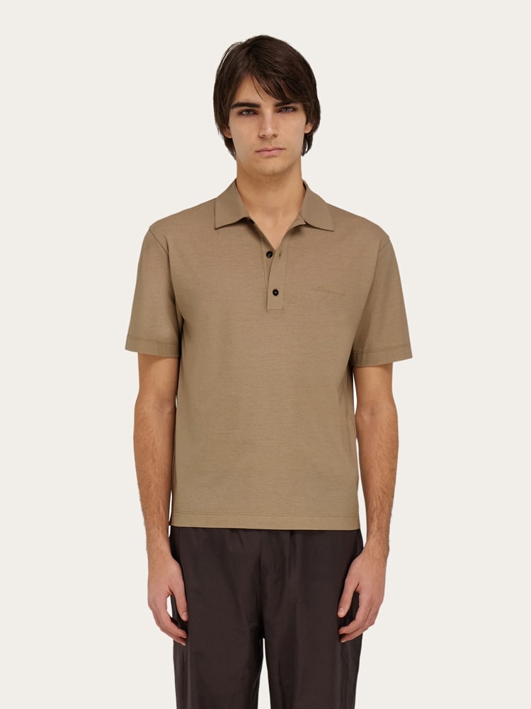 FERRAGAMO MEN'S LIGHT BROWN COTTON POLO SWEATER