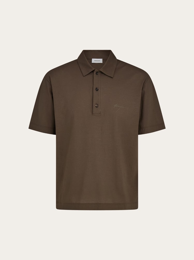 FERRAGAMO MEN'S BROWN COTTON POLO SWEATER