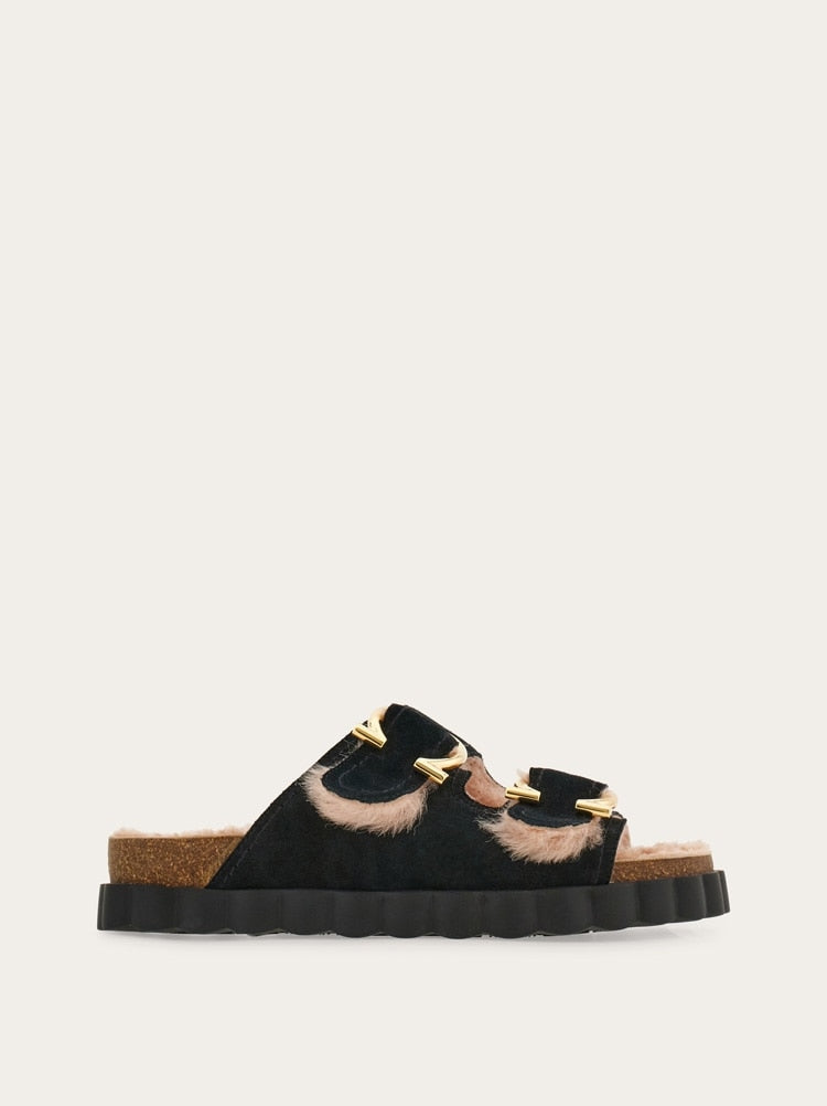 FERRAGAMO WOMEN'S BLACK SHEARLING LEATHER SLIDE SHOE