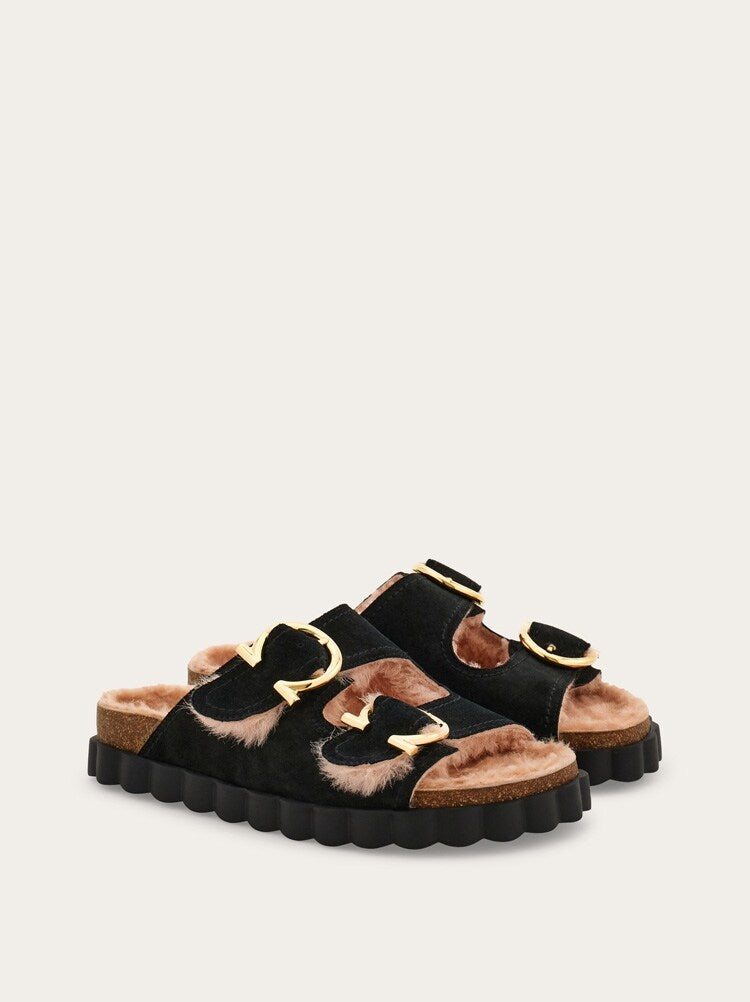 FERRAGAMO WOMEN'S BLACK SHEARLING LEATHER SLIDE SHOE