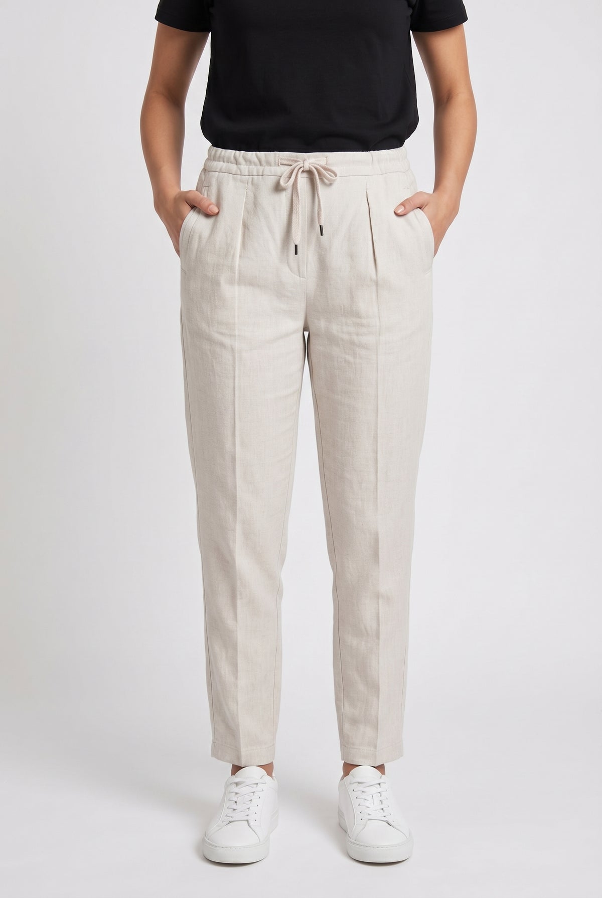 BRUNELLO CUCINELLI WOMEN'S LIGHT BEIGE LINEN BLEND TROUSERS