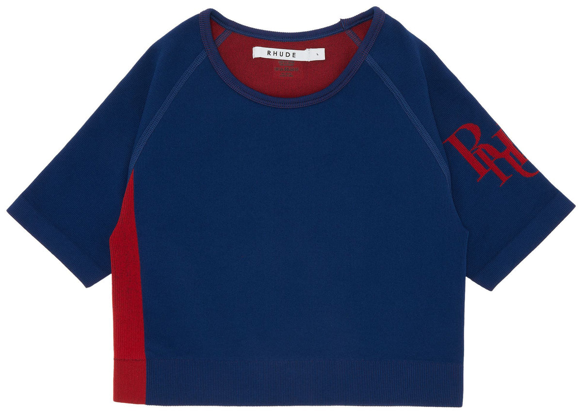 RHUDE WOMEN'S BLUE RED STRETCH CROPPED TOP