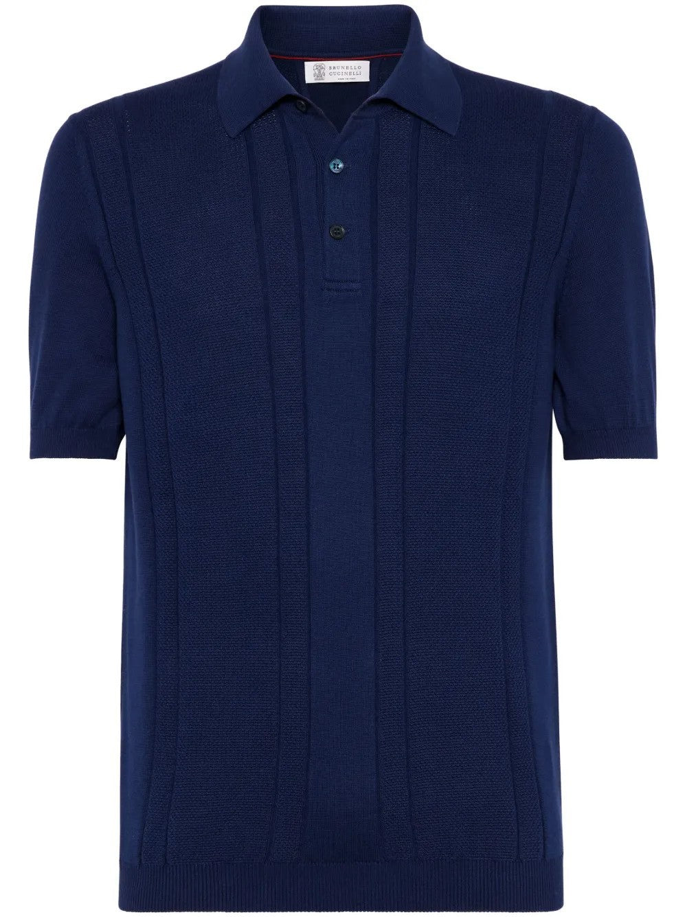 BRUNELLO CUCINELLI MEN'S DARK BLUE TEXTURED POLO SWEATER