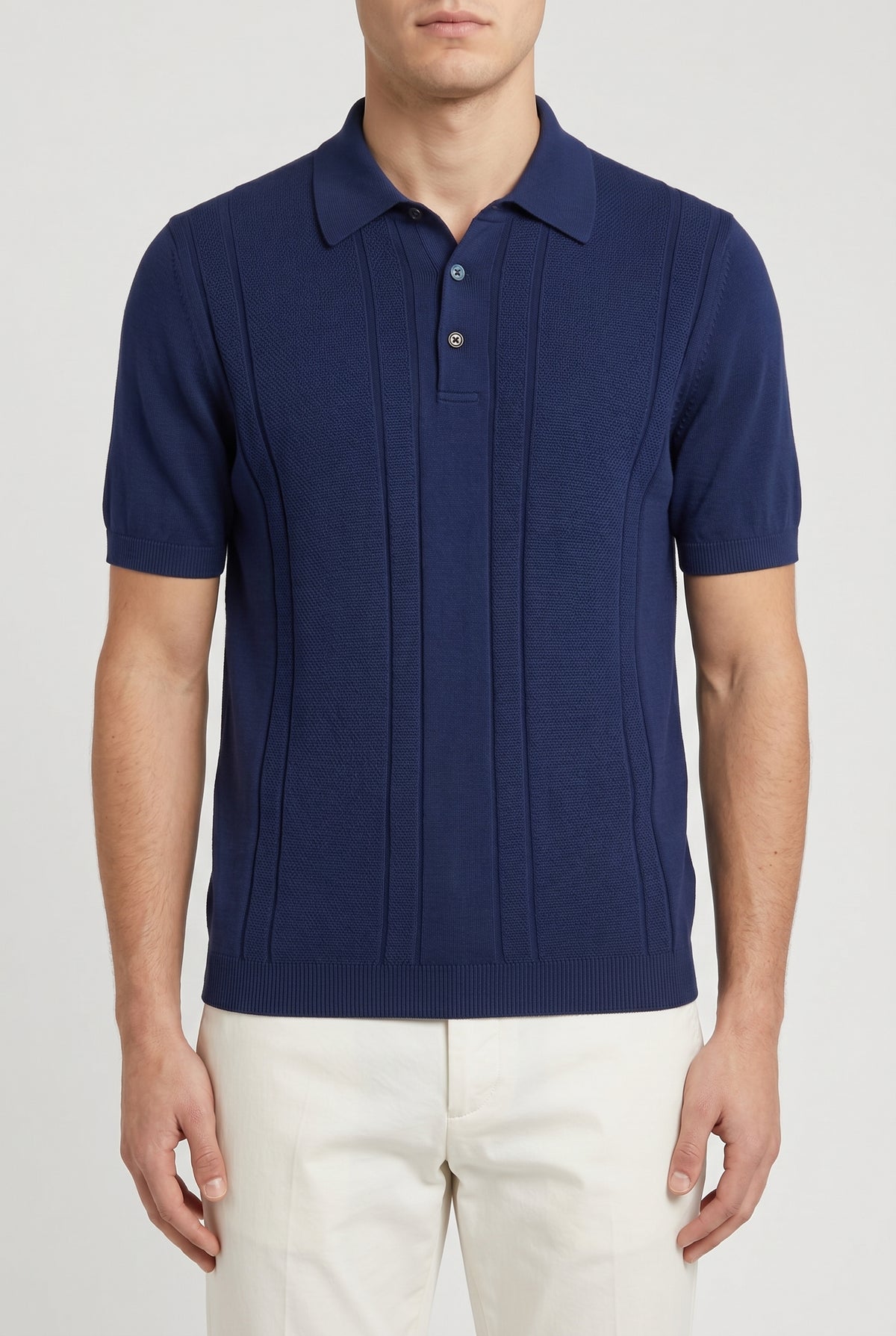 BRUNELLO CUCINELLI MEN'S DARK BLUE TEXTURED POLO SWEATER