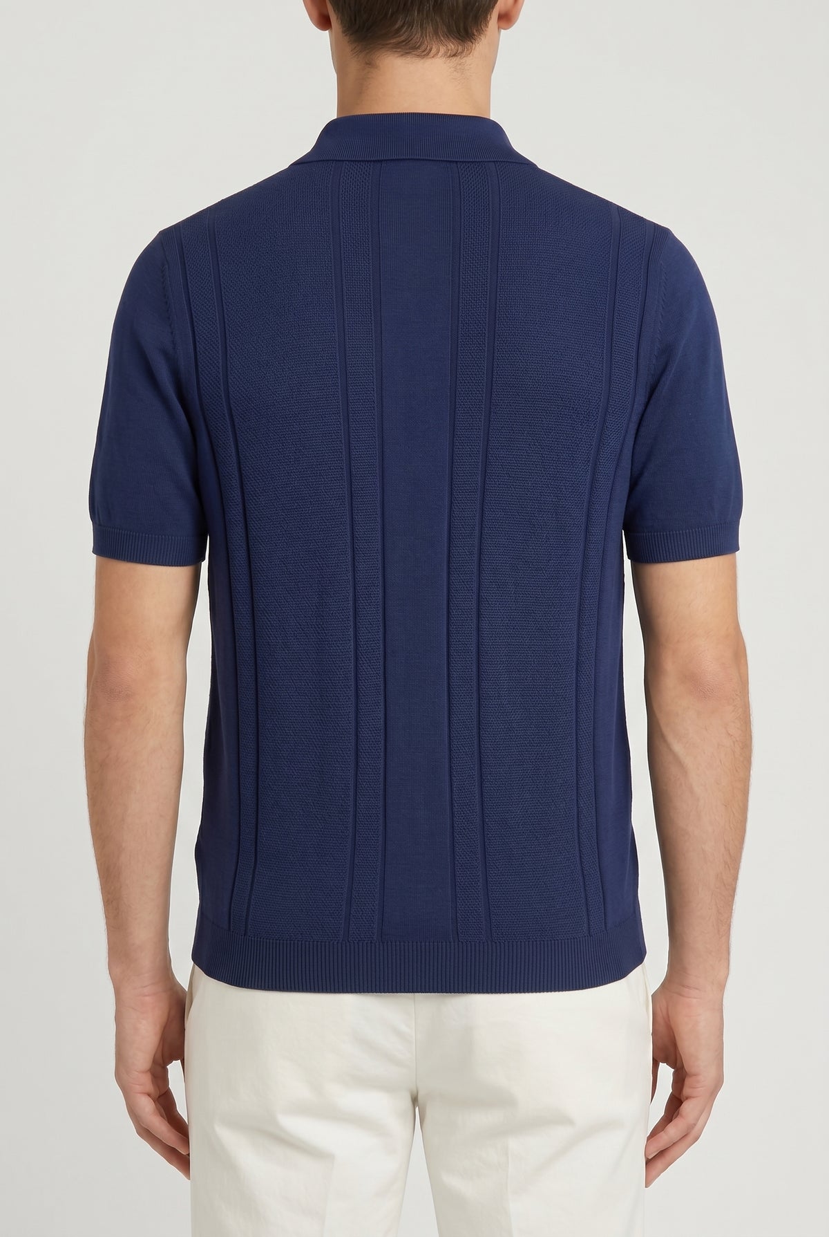 BRUNELLO CUCINELLI MEN'S DARK BLUE TEXTURED POLO SWEATER