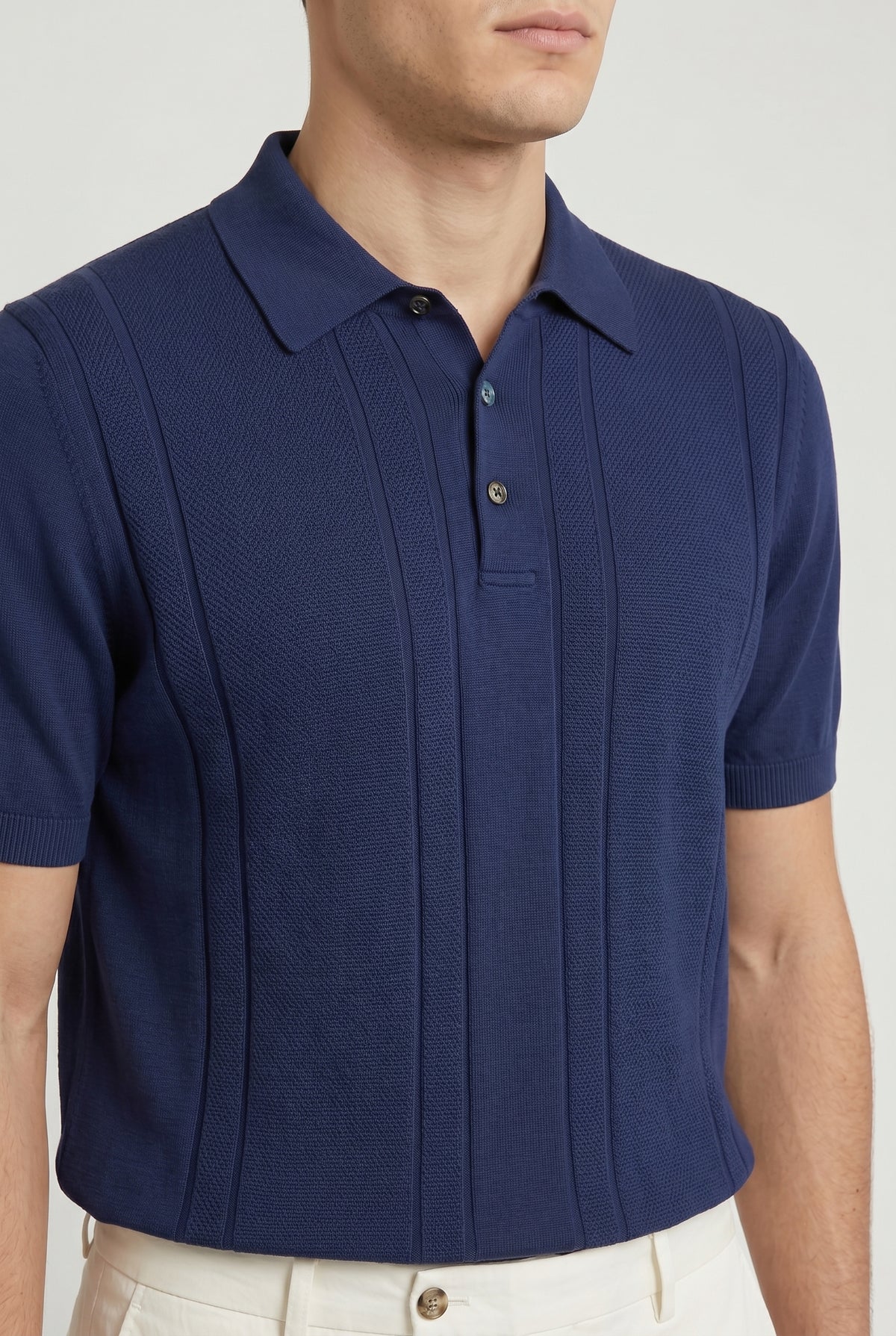 BRUNELLO CUCINELLI MEN'S DARK BLUE TEXTURED POLO SWEATER