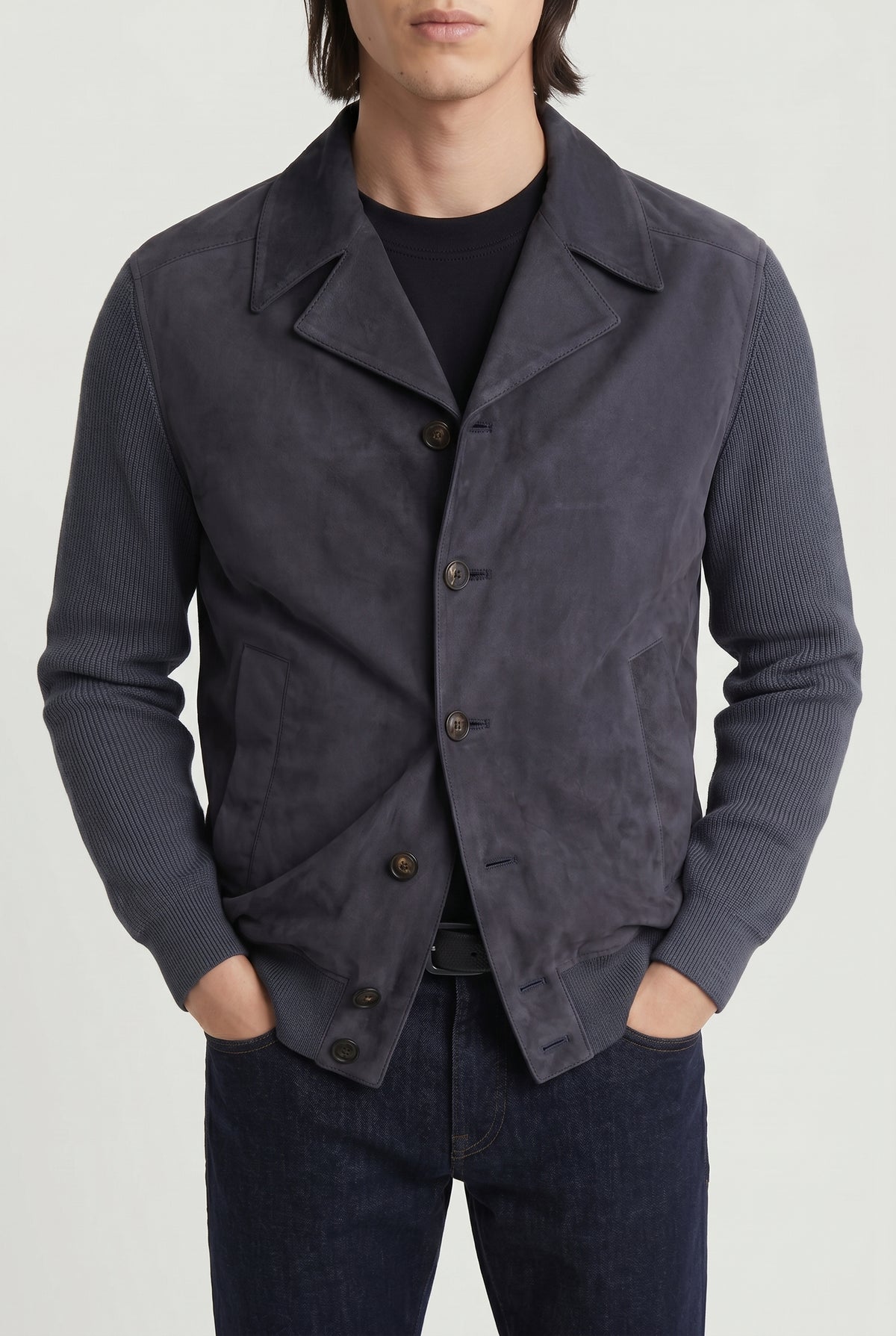 BRUNELLO CUCINELLI MEN'S DARK BLUE LEATHER KNIT JACKET