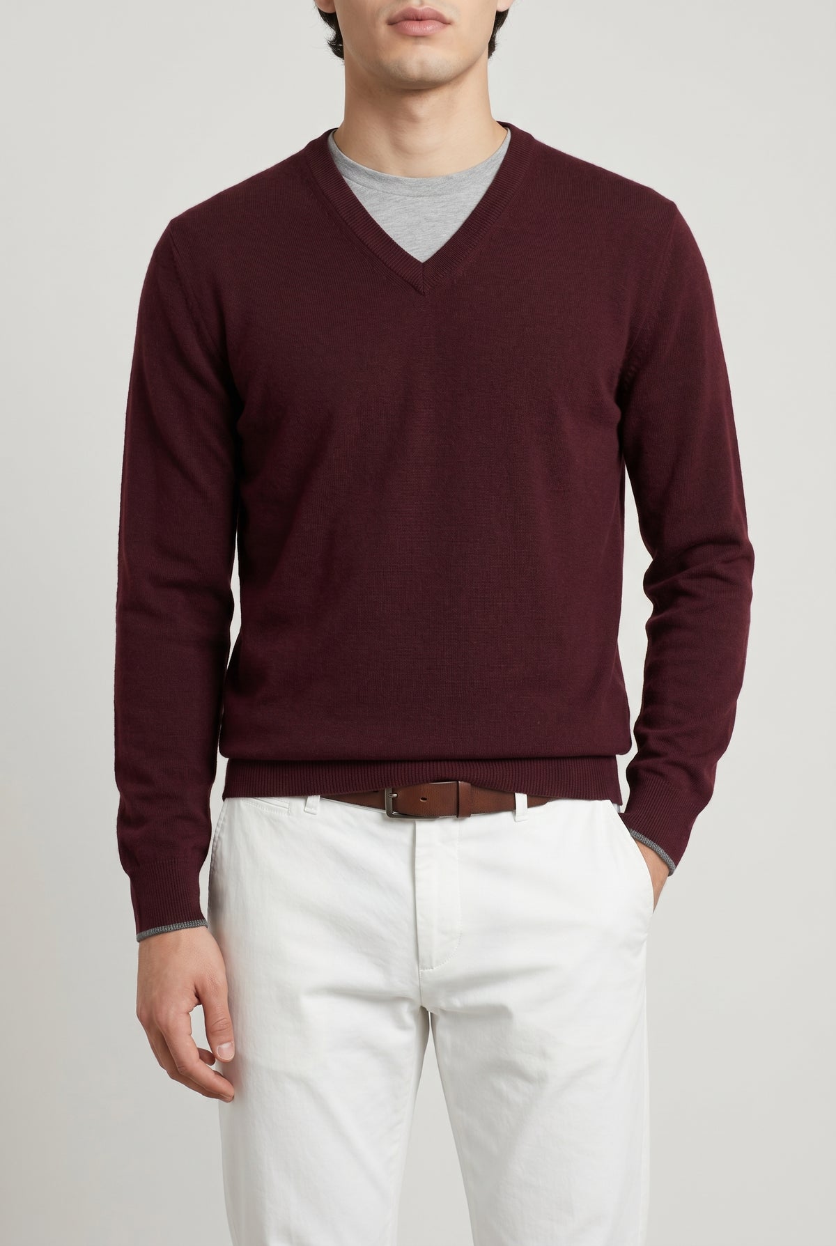 BRUNELLO CUCINELLI MEN'S DARK RED WOOL V NECK SWEATER