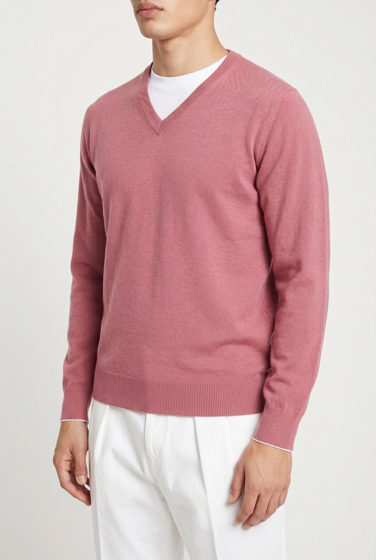 BRUNELLO CUCINELLI MEN'S PINK WOOL V NECK SWEATER