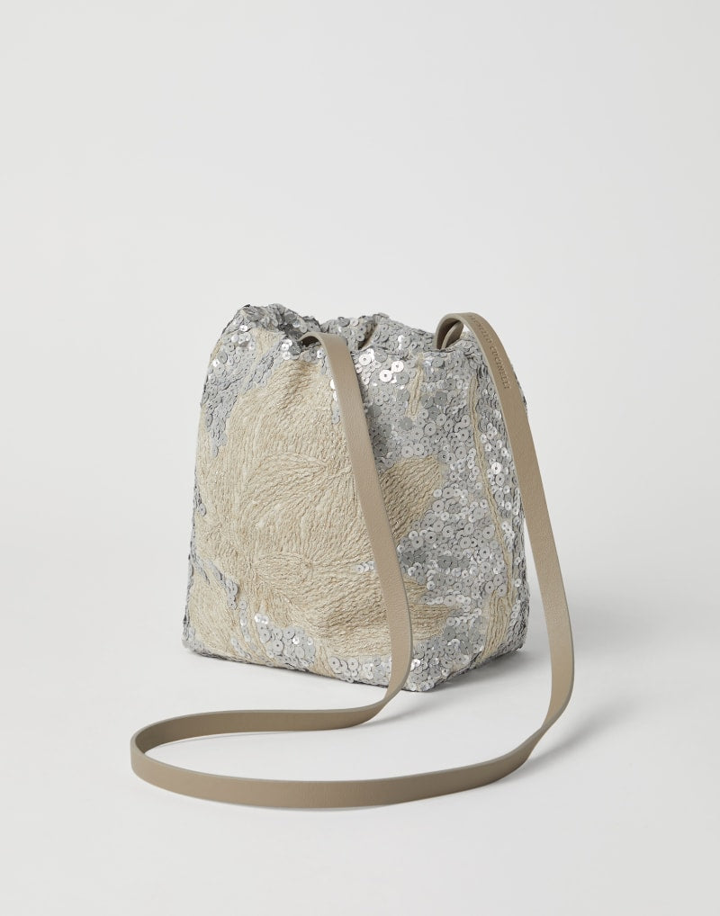 BRUNELLO CUCINELLI WOMEN'S SILVER EMBROIDERED LINEN BAG