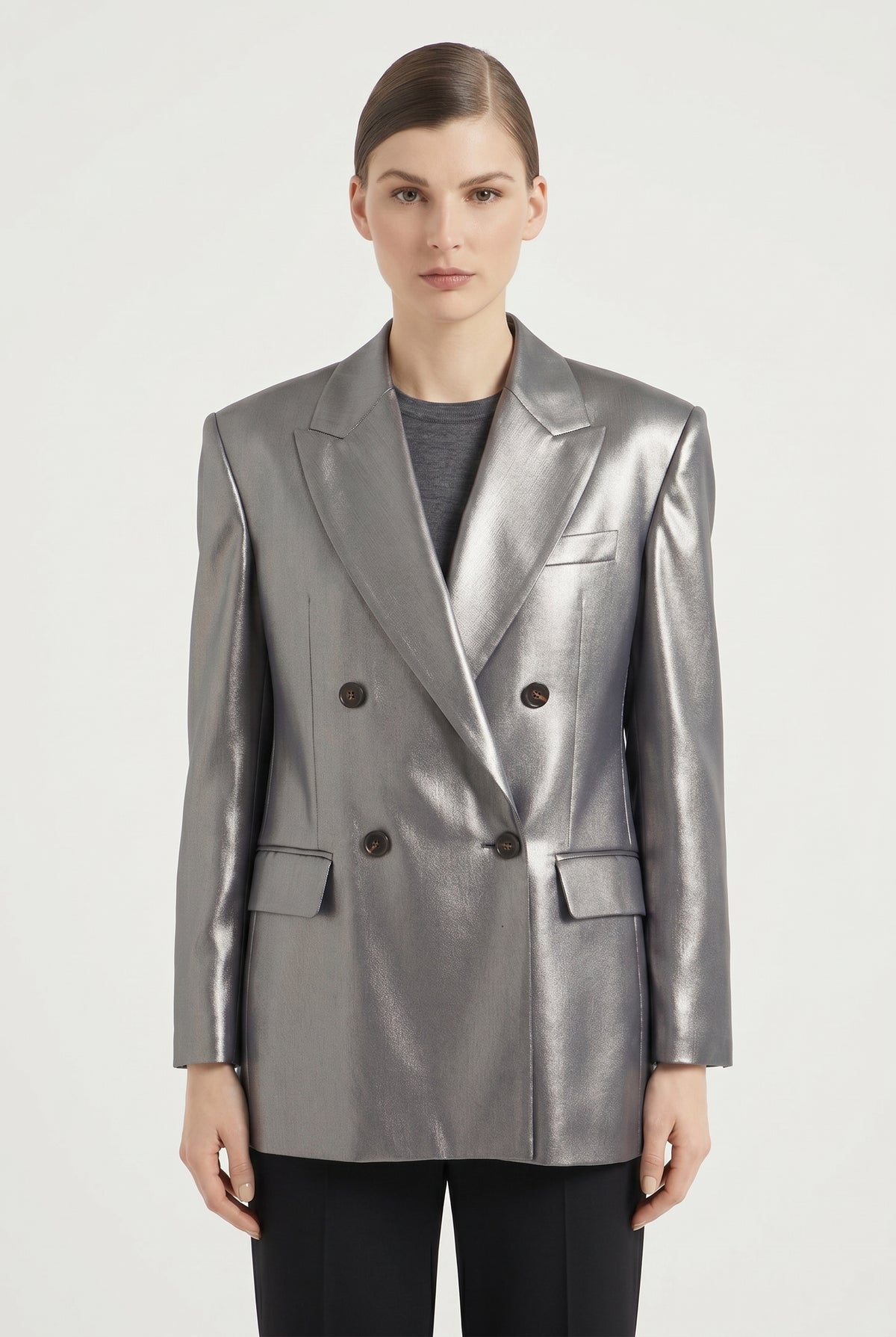 BRUNELLO CUCINELLI WOMEN'S SILVER TAILORED DOUBLE BREASTED BLAZER