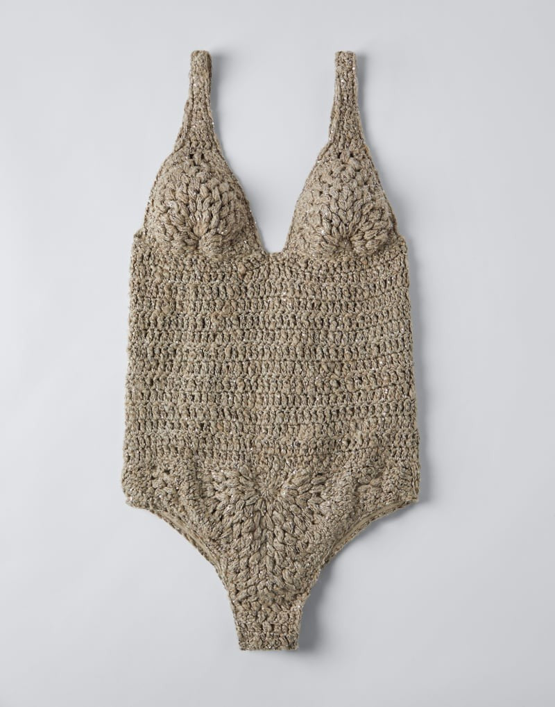BRUNELLO CUCINELLI WOMEN'S BEIGE LINEN SILK CROCHET BODYSUIT