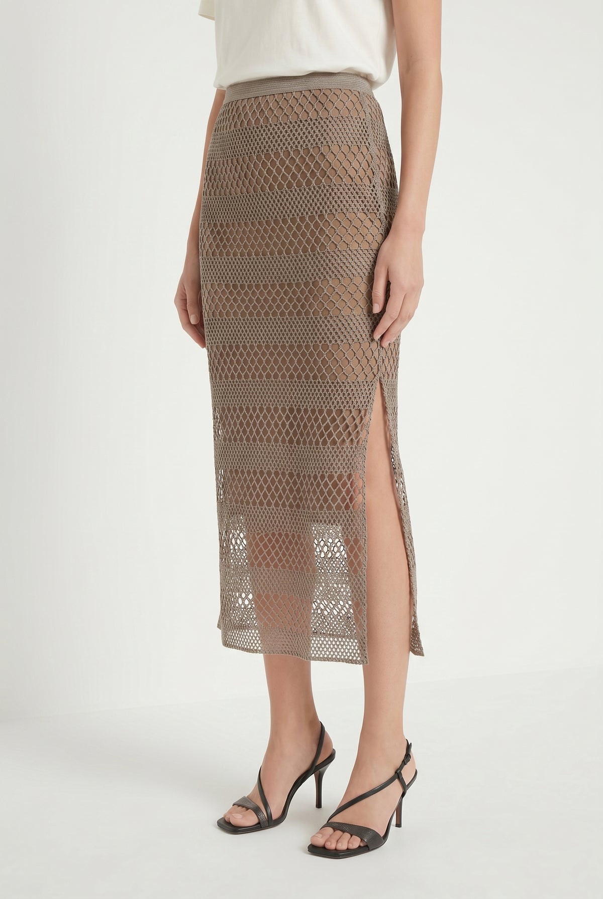 BRUNELLO CUCINELLI WOMEN'S TAUPE MESH MIDI SKIRT