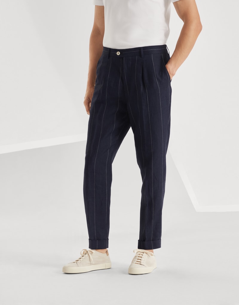 BRUNELLO CUCINELLI MEN'S NAVY LINEN TAPERED TROUSERS