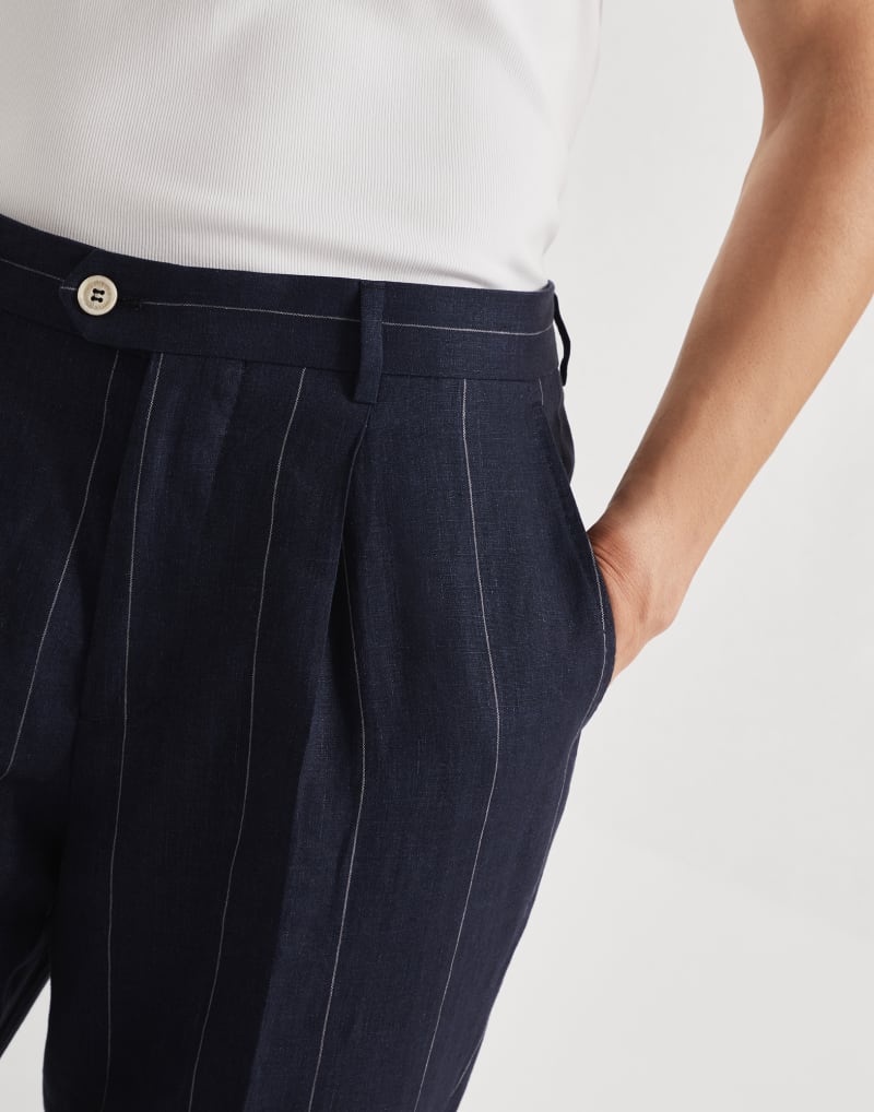 BRUNELLO CUCINELLI MEN'S NAVY LINEN TAPERED TROUSERS