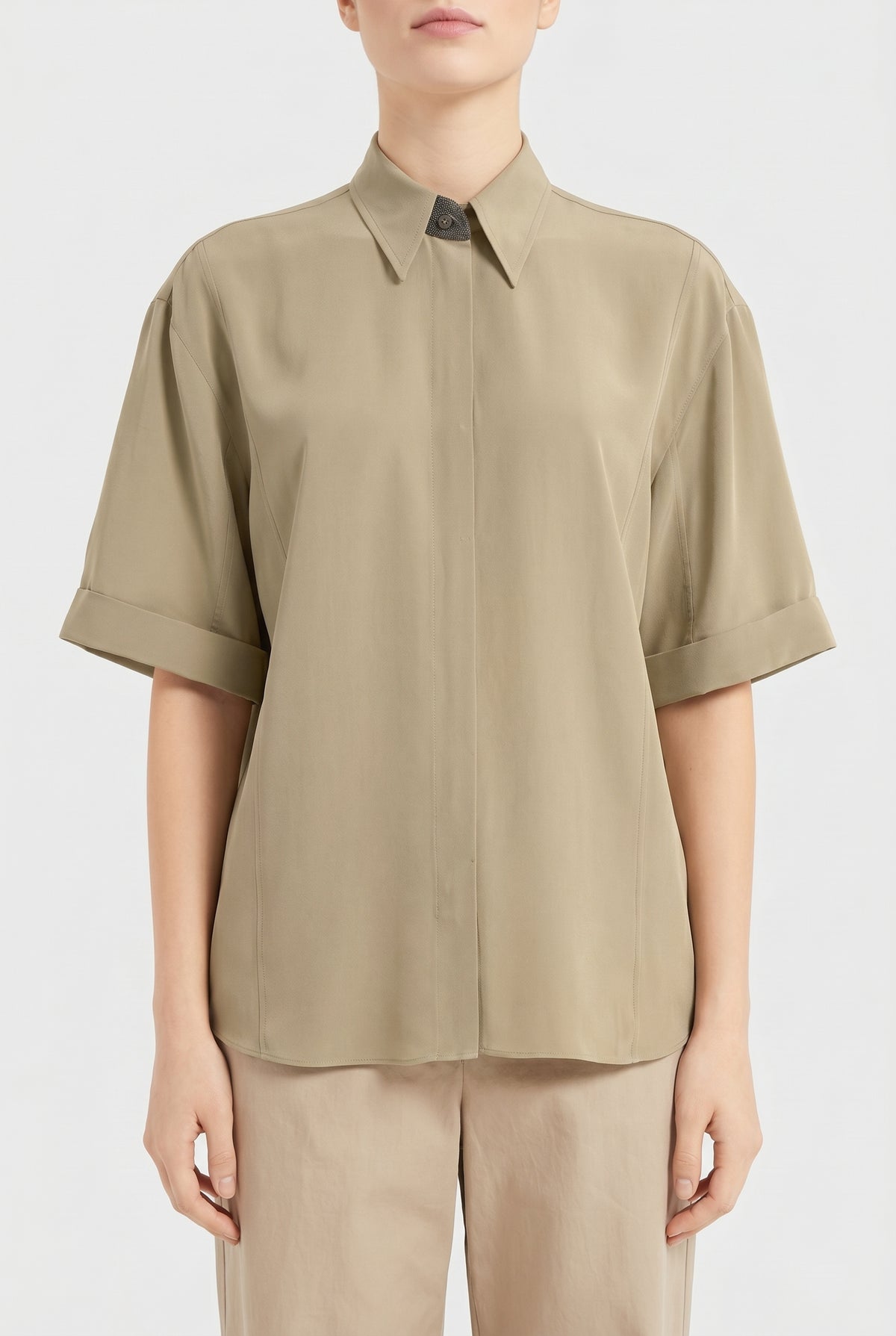 BRUNELLO CUCINELLI WOMEN'S LIGHT KHAKI SILK SHIRT