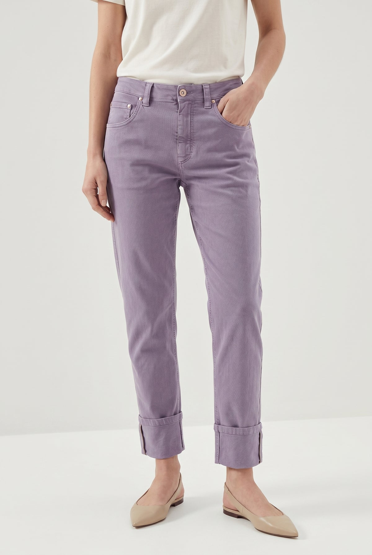 BRUNELLO CUCINELLI WOMEN'S LIGHT PURPLE COTTON TROUSERS