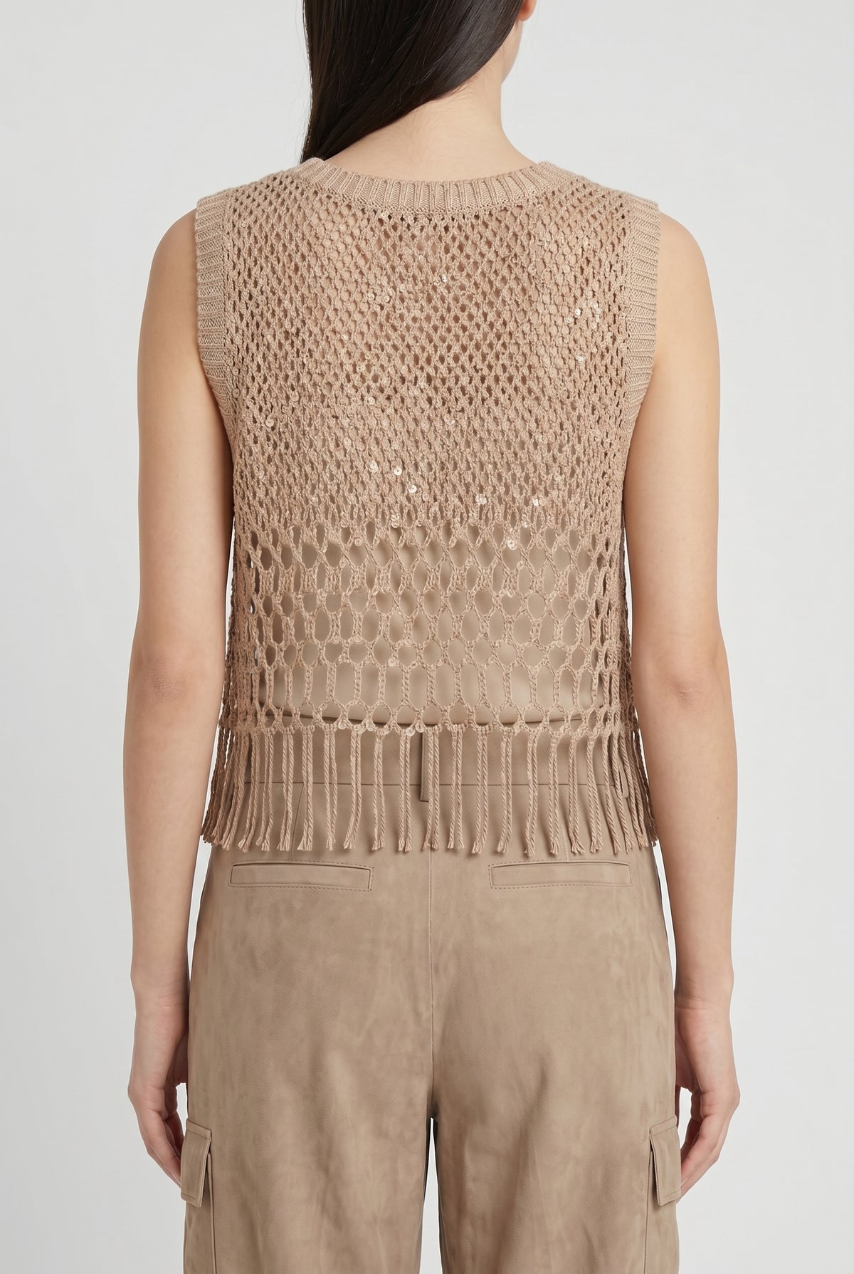 BRUNELLO CUCINELLI WOMEN'S BEIGE LINEN SLEEVELESS SWEATER
