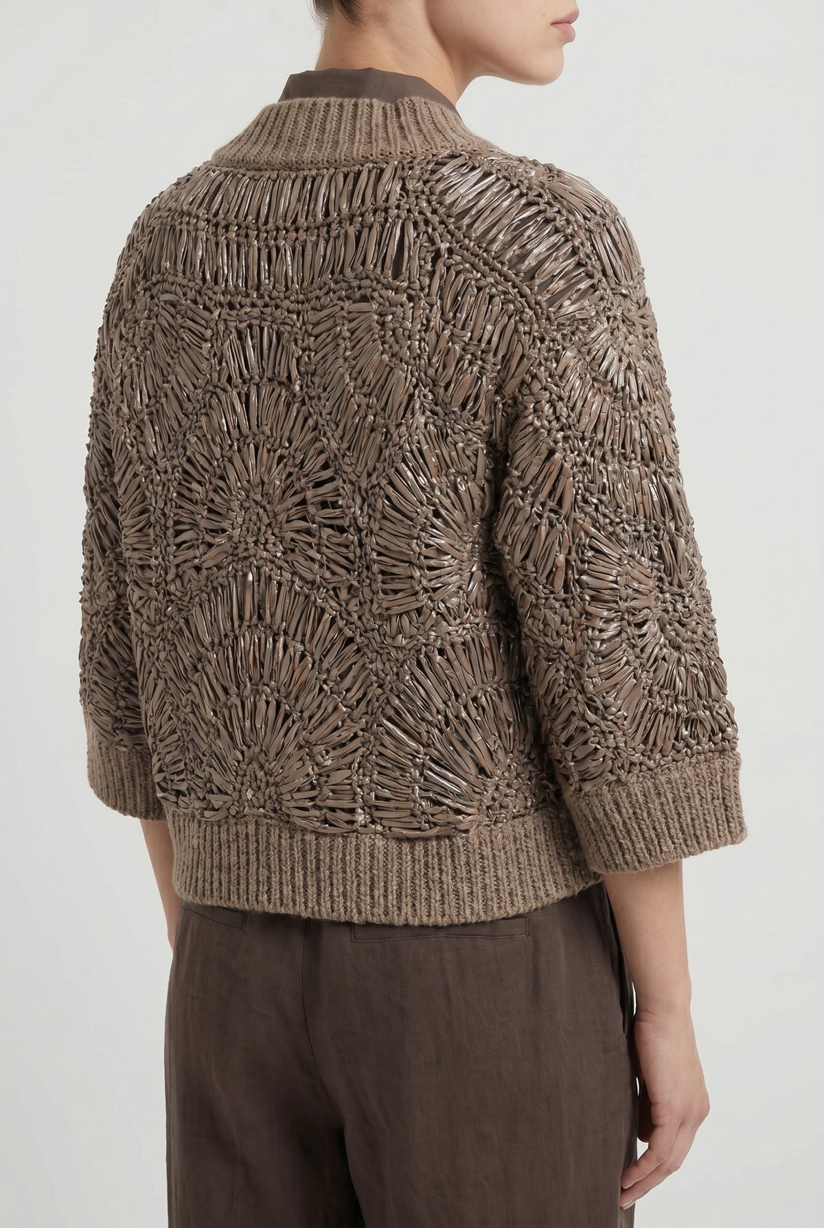 BRUNELLO CUCINELLI WOMEN'S TAUPE OPEN KNIT SWEATER