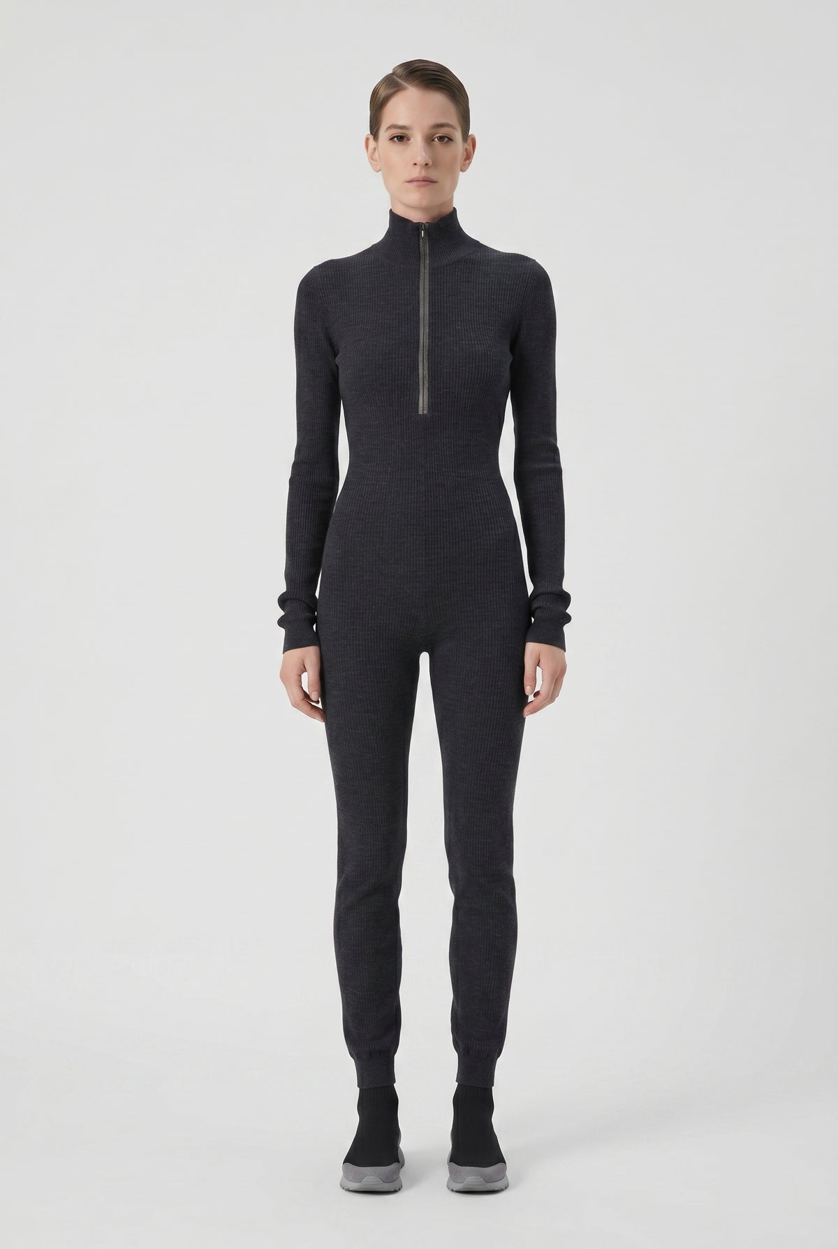 BRUNELLO CUCINELLI WOMEN'S DARK GREY WOOL KNIT JUMPSUIT