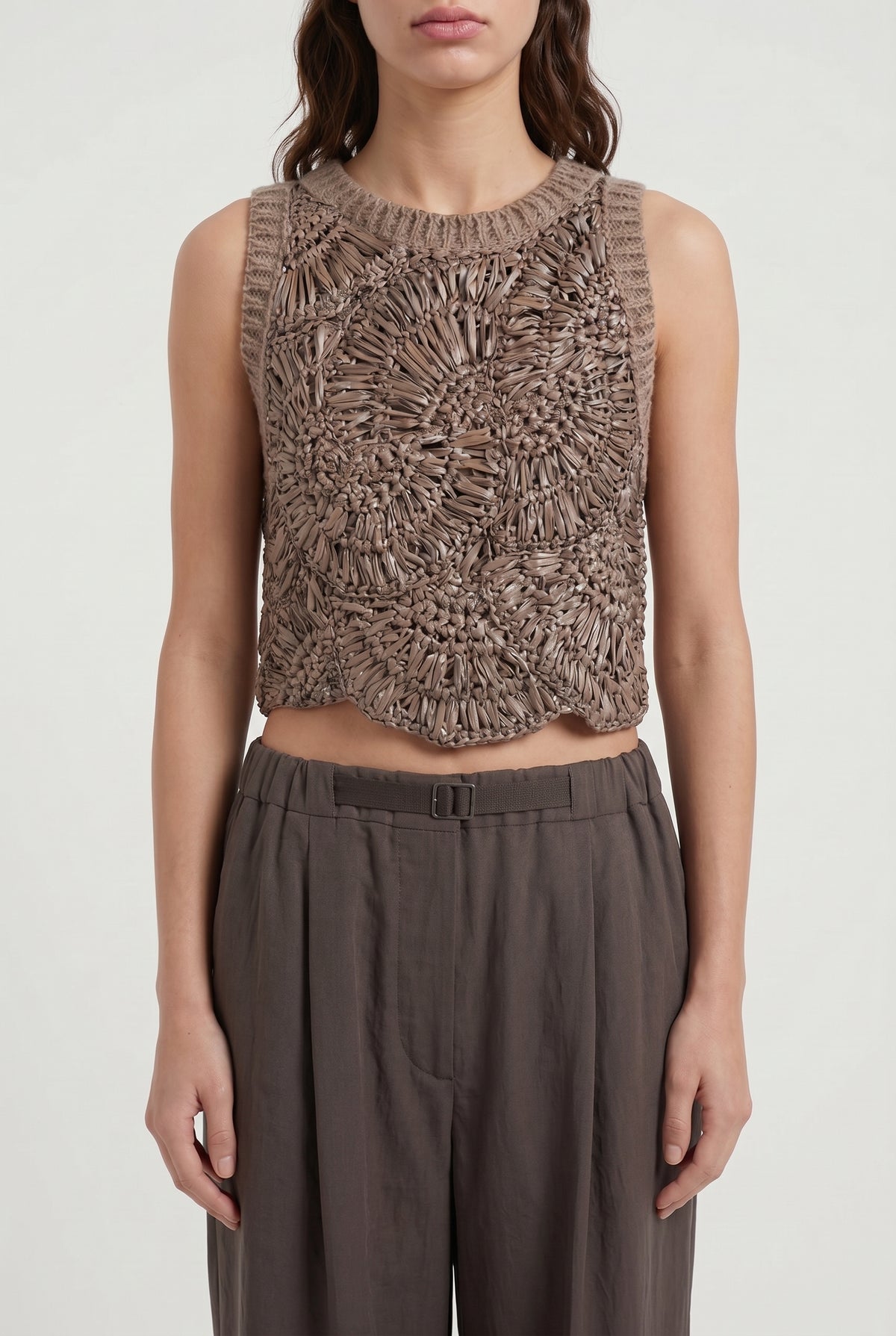 BRUNELLO CUCINELLI WOMEN'S TAUPE CROCHET KNIT SWEATER