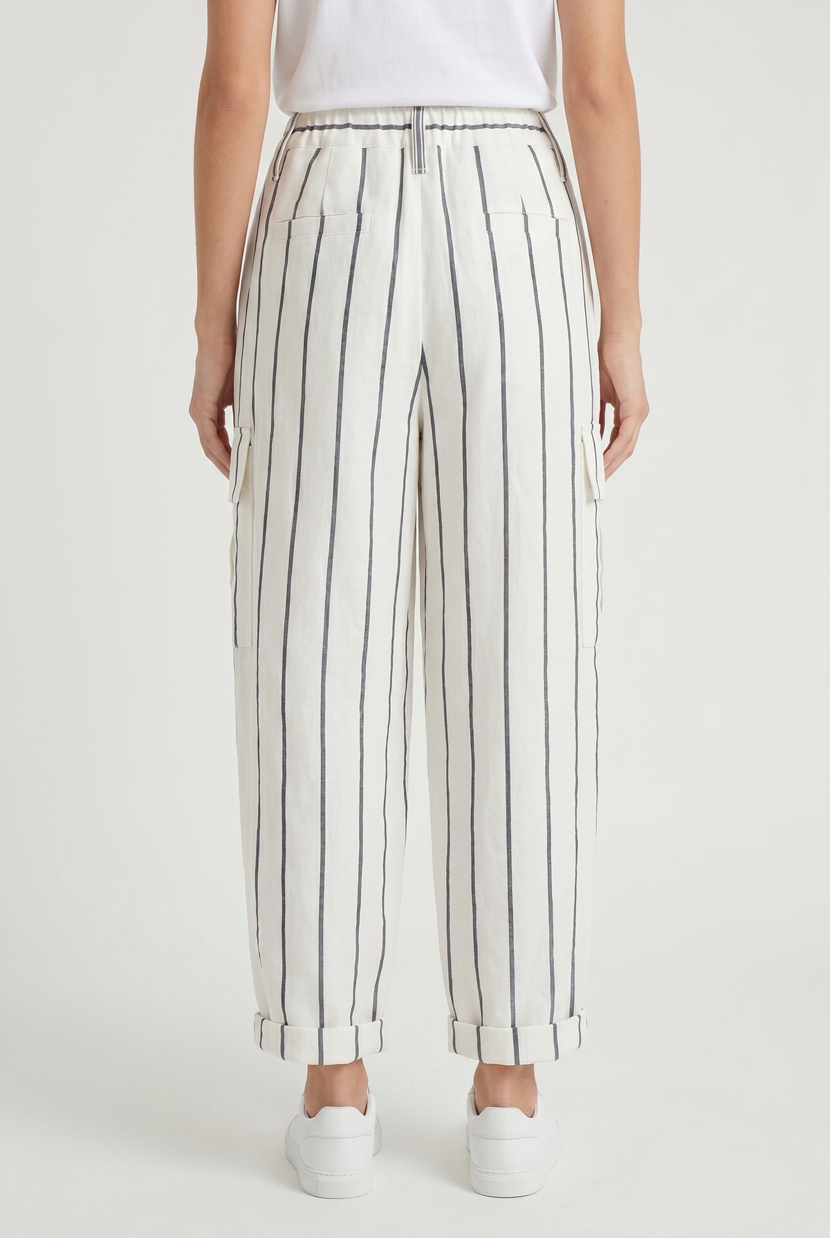 BRUNELLO CUCINELLI WOMEN'S WHITE STRIPED LINEN TROUSERS