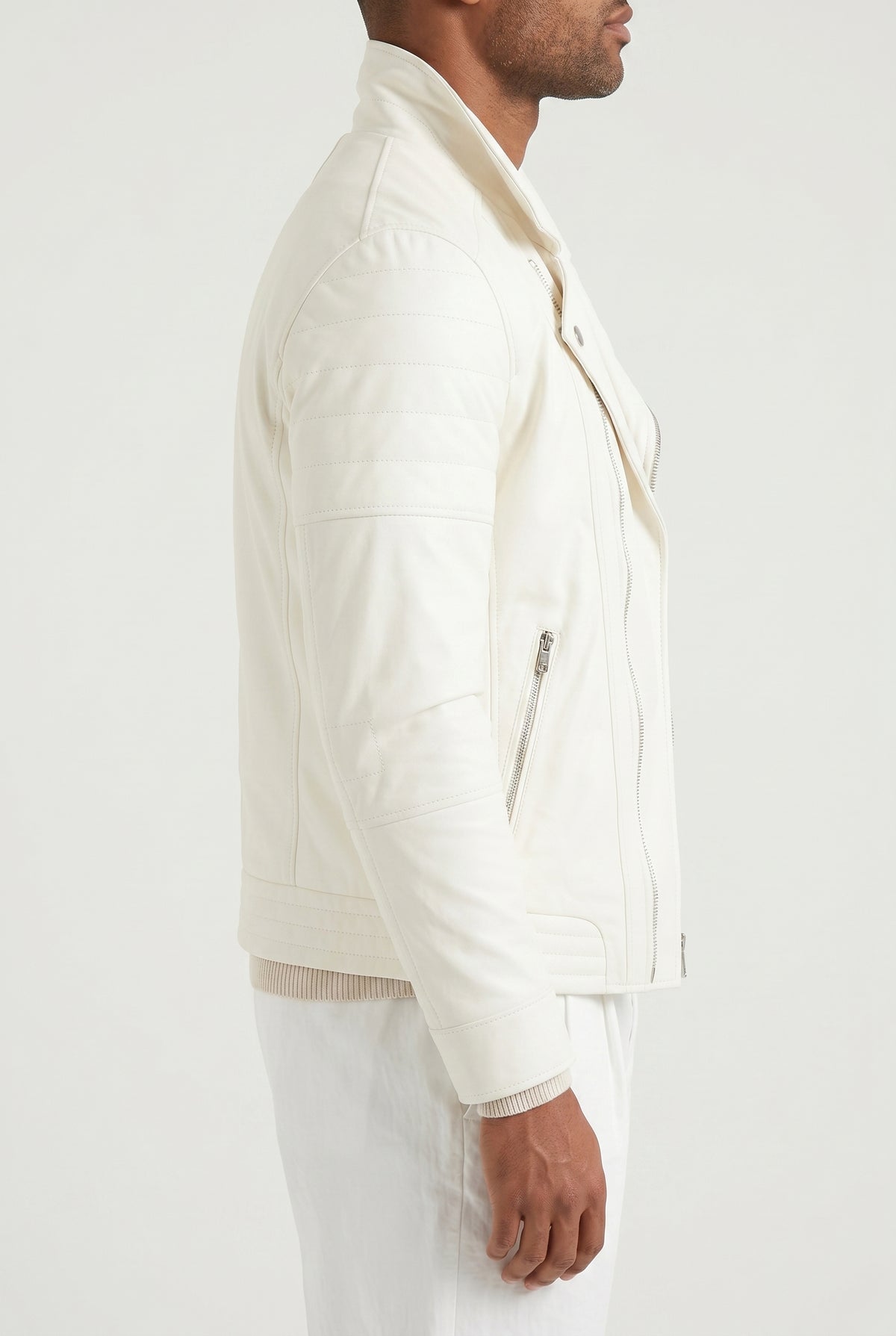 BRUNELLO CUCINELLI MEN'S OFF WHITE LEATHER BIKER JACKET