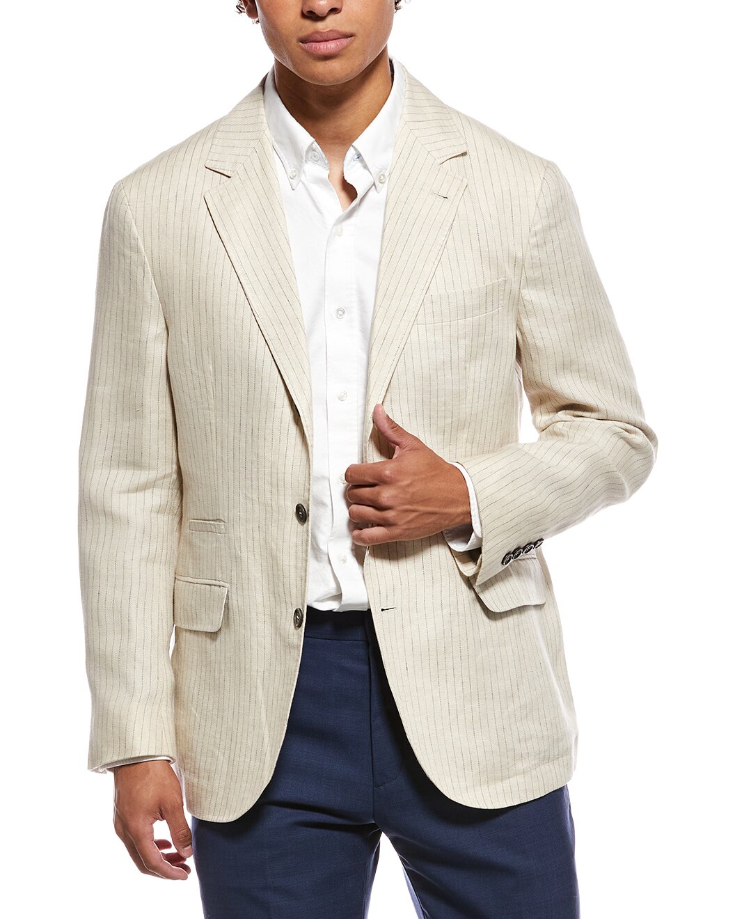 BRUNELLO CUCINELLI MEN'S BEIGE STRIPED LINEN JACKET