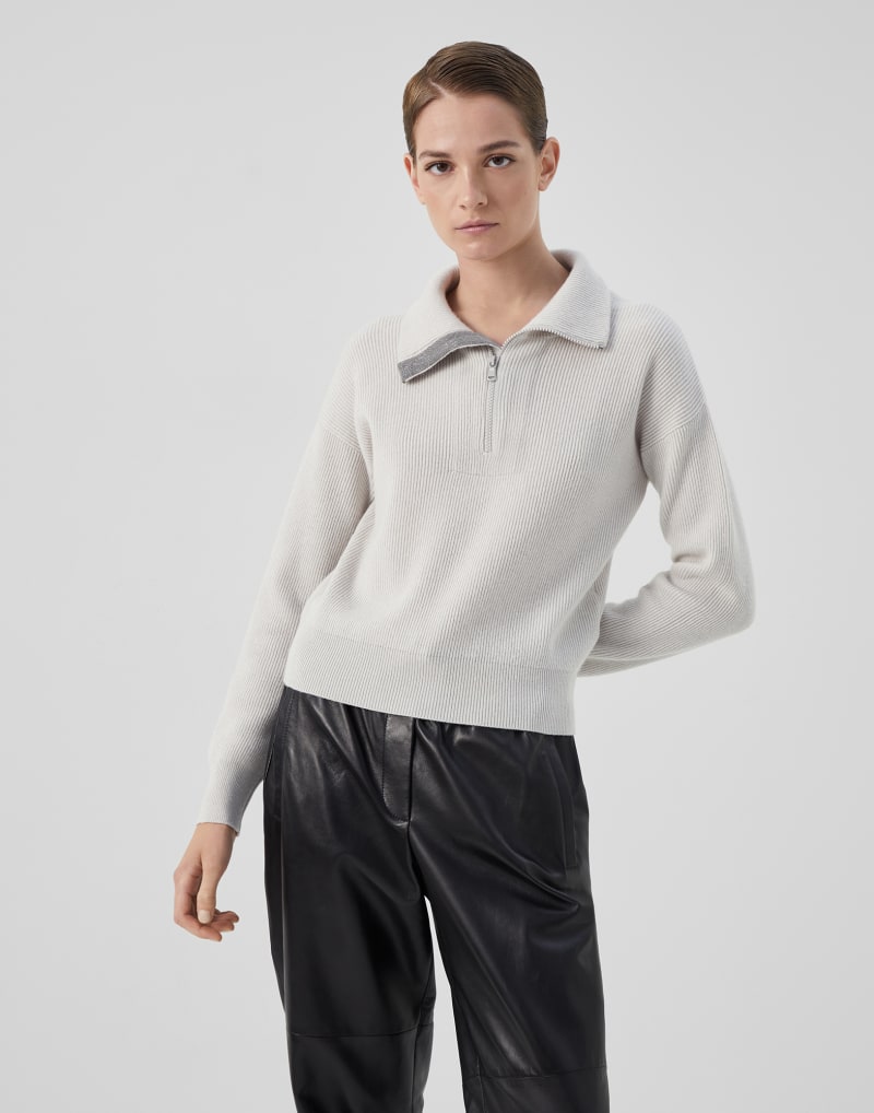 BRUNELLO CUCINELLI WOMEN'S ICE WHITE WOOL HALF ZIP SWEATER
