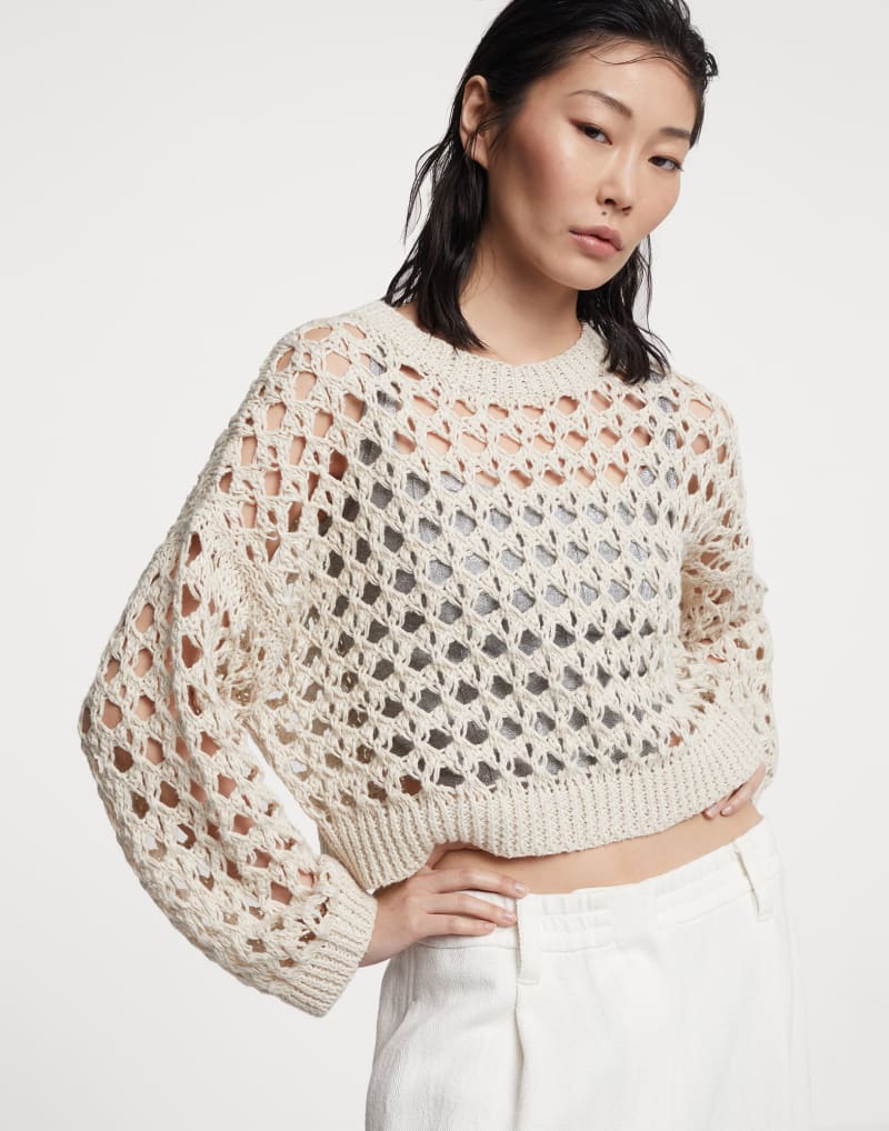 BRUNELLO CUCINELLI WOMEN'S BEIGE OPENWORK KNIT SWEATER