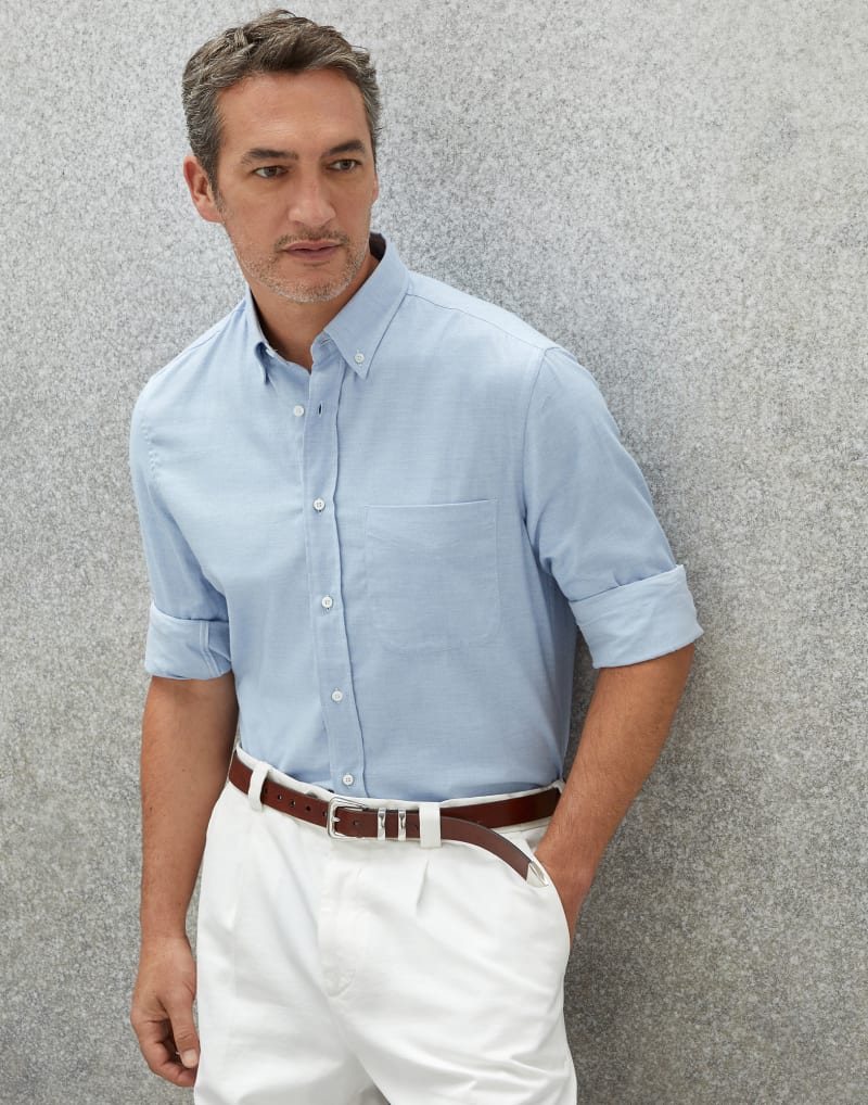 BRUNELLO CUCINELLI MEN'S SKY BLUE COTTON BUTTON DOWN SHIRT