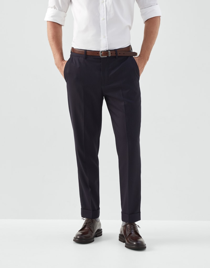 BRUNELLO CUCINELLI MEN'S NAVY WOOL PINSTRIPE TROUSERS