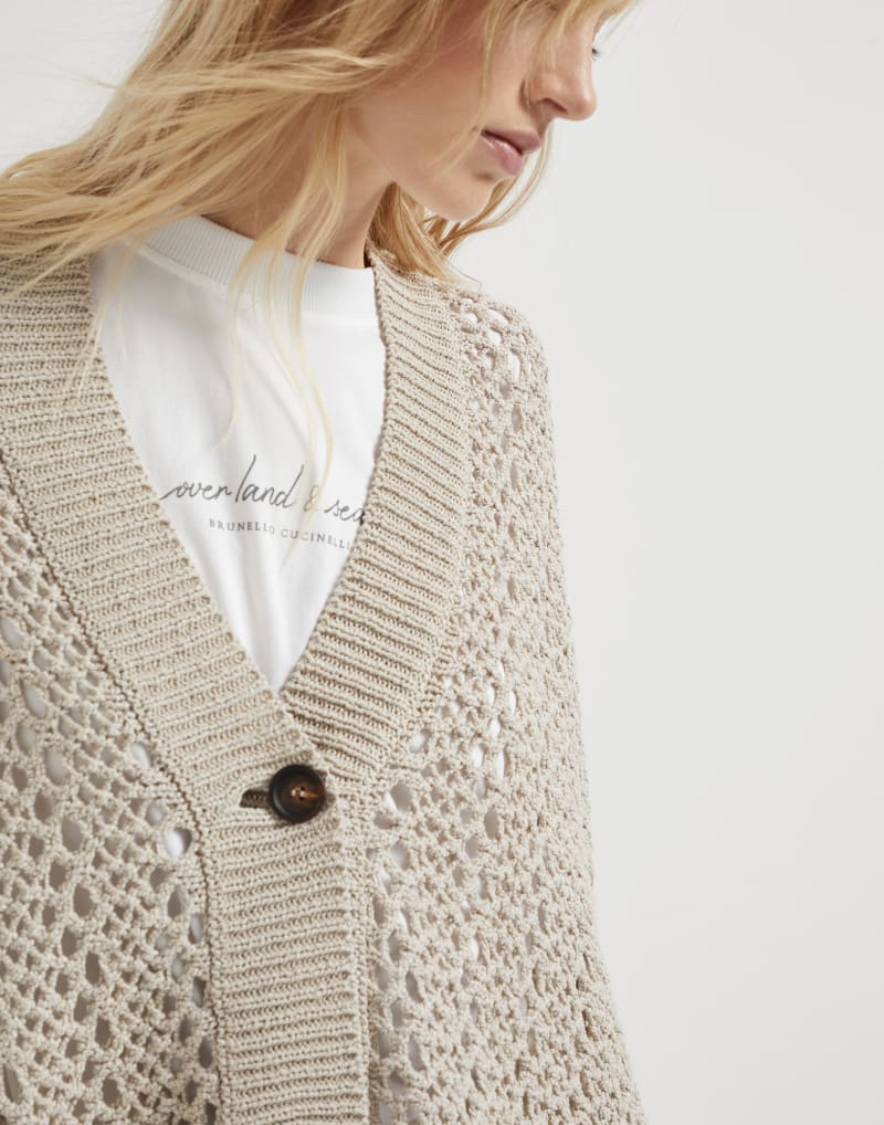BRUNELLO CUCINELLI WOMEN'S BEIGE OPEN KNIT BUTTON FRONT SWEATER