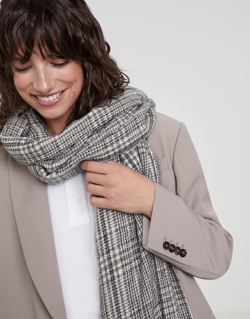 BRUNELLO CUCINELLI WOMEN'S PANAMA GRAY BEIGE WOOL BLEND CHECKED SCARF