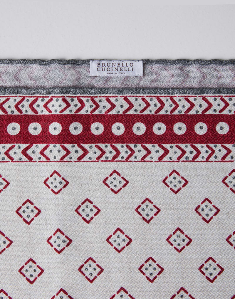 BRUNELLO CUCINELLI MEN'S CHAMPAGNE RED GRAY SILK POCKET SQUARE