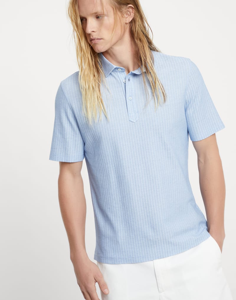 BRUNELLO CUCINELLI MEN'S CELESTE COTTON SILK SHORT SLEEVE SHIRT