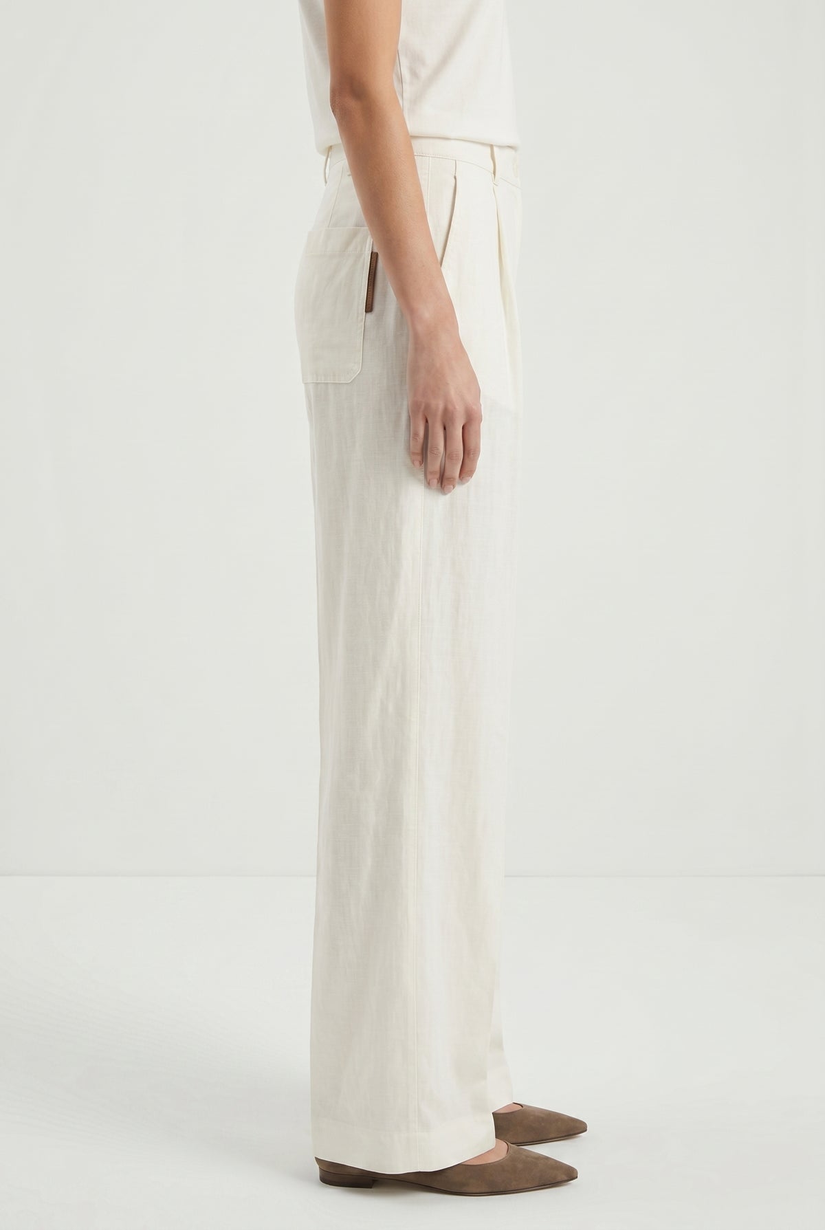 BRUNELLO CUCINELLI WOMEN'S OFF WHITE LINEN WIDE TROUSERS