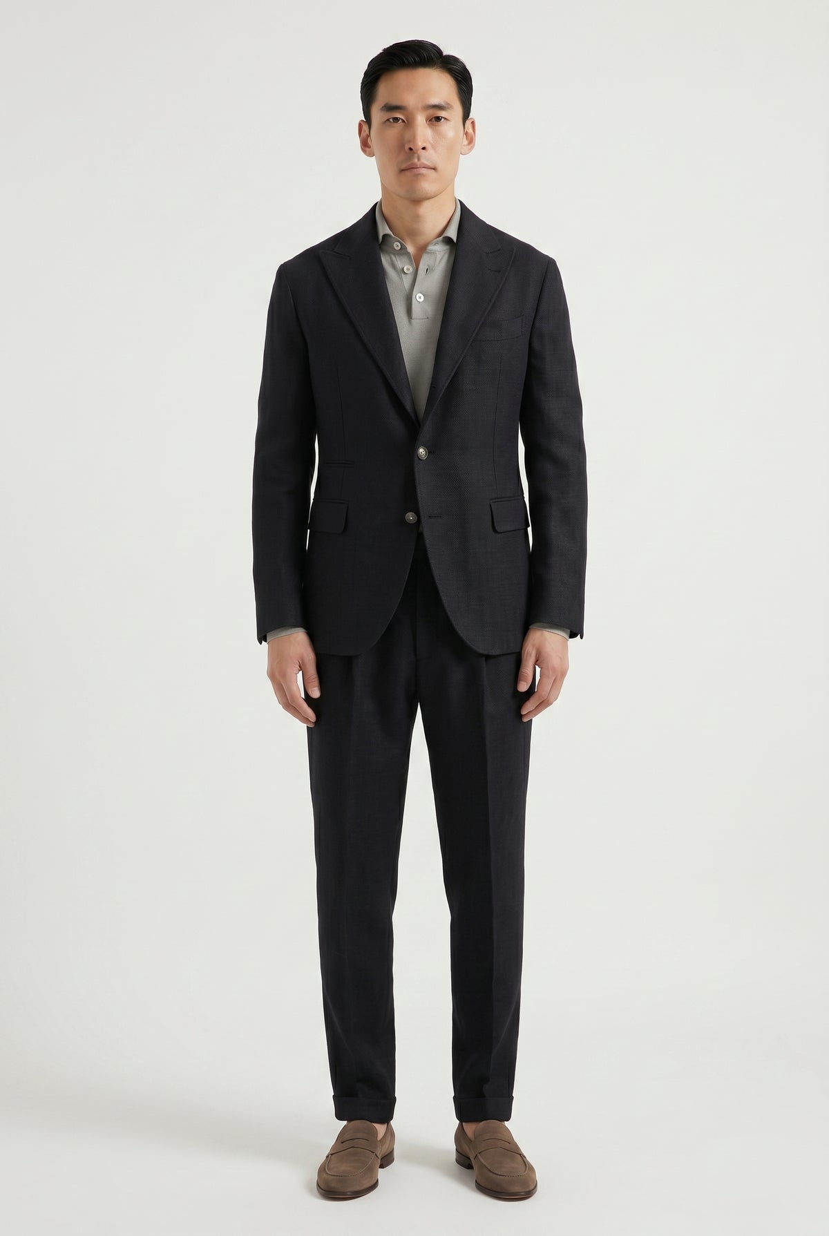 BRUNELLO CUCINELLI MEN'S BLACK WOOL LINEN SUIT