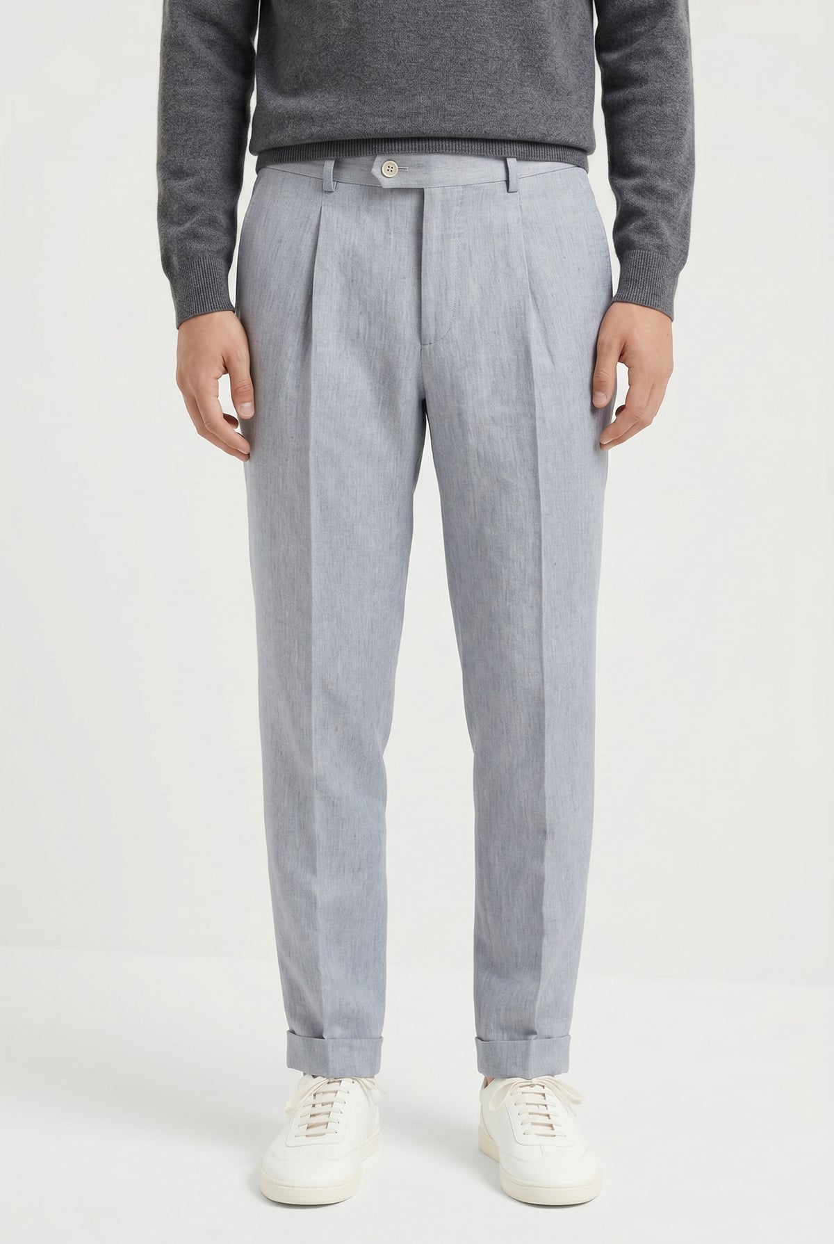 BRUNELLO CUCINELLI MEN'S LIGHT GREY LINEN TROUSERS